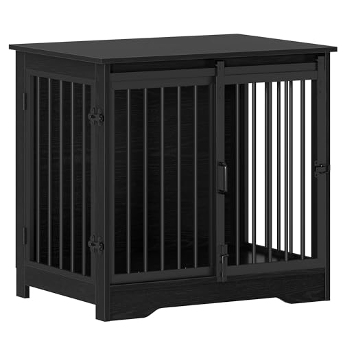 Hzuaneri 27.2" Dog Crate Furniture with Barn Door, Heavy Duty Dog Kennel Indoor with 2 Doors, Wooden Pet Cage End Table for Small Medium Dogs up to 22 lb, Anti-Chew Anti-Escape, Black DFC84304B