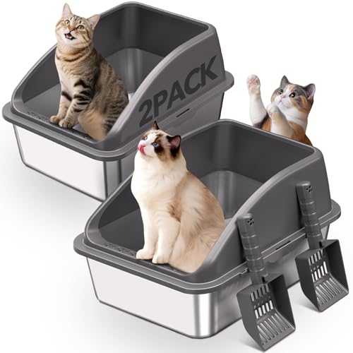 KITCATY 2PACK Stainless Steel Cat Litter Box, 20" L x 13.8" W x12 H Metal Kitty Litter Box with Lid, Never Absorbs Odors, Leak-Proof, Non-Sticky, Easy to Clean, with Scoop
