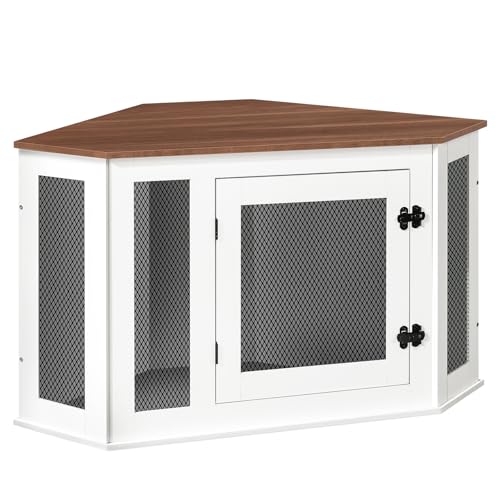 MAHANCRIS Corner Dog Crate Furniture, Wooden Dog Kennel End Table, Decorative Pet Crate Indoor Use, Furniture Style Dog House for Small Medium Dog, Dog Cage TV Stand, White and Walnut DCBA0801