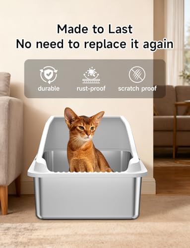 KISENG Stainless Steel Cat Litter Box, Extra Large XL Odor Free Metal Litter Box with High Sides Lid, Open Top Litter Pan Include Scoop Easy Cleaning Kitty Cat Box Anti-Urine Leakage, Non-Sticky