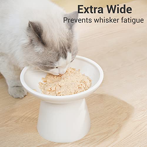 CEEFU Extra Wide Elevated Ceramic Cat Bowl - 6.2" Shallow Dish for Whisker Fatigue Relief, 5" Height for Easy Feeding, Lead & Cadmium Free, Durable Raised Cat Food Bowls, White