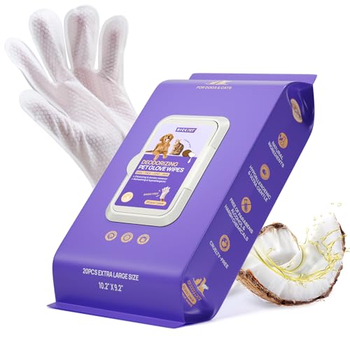 HICC PET Cleaning Deodorizing Glove Wipes for Dogs & Cats, Vet Recommended Hypoallergenic Hydrating & Nourish Fur Pet Grooming Glove Wipes, Pet Bathing Wipes for Horse Coat Care,20pcs Coconut Scent