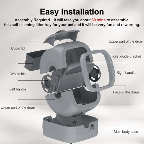 UPFAS Automatic Cat Litter Box Self Cleaning - APP Control - Weight Monitoring - Ultra-Quiet, Medium Cats and Kittens Litter Box, Safe Anti-Pinch【Assembly Required】- Grey