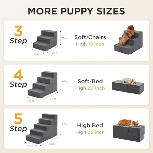 Joydeco Dog Stairs for Bed 15" H, 3-Step Pet Steps for Small Dogs and Cats, Dog Steps for High Bed, Non-Slip Balanced Ramp Indoor Pet Stairs, Gray