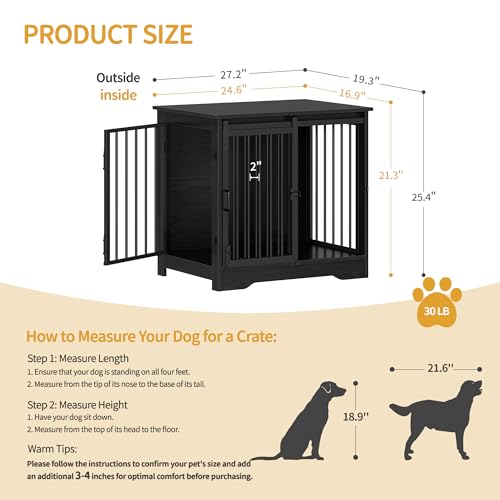 Hzuaneri 27.2" Dog Crate Furniture with Barn Door, Heavy Duty Dog Kennel Indoor with 2 Doors, Wooden Pet Cage End Table for Small Medium Dogs up to 22 lb, Anti-Chew Anti-Escape, Black DFC84304B