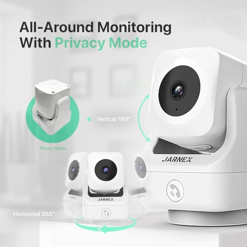 Jarnex 2K Indoor Pan Tilt 360 HD 2.4GHz WiFi Home Security Camera, Baby/Pet Monitors, 2 Way Audio, Smart Light Night, Bluetooth Fast Link, One Click Call, Local/Cloud Storage, Work with Alex/Google