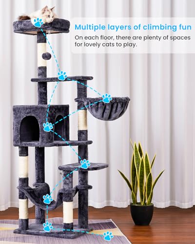 Hey-brother Cat Tree with Large Hammock, Multi-Level Cat Tower for Indoor Cats, Cat Condo with Sisal-Covered Scratching Posts and Top Perch, Smoky Gray MPJ050G