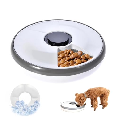 Primero Basics 6-Meal Timed Automatic Cat & Dog Feeder with Cooling Pack, Programmable Portion Control Pet Food Dispenser for Dry & Semi-Wet Food, 12.4″×12.4″×2.99″