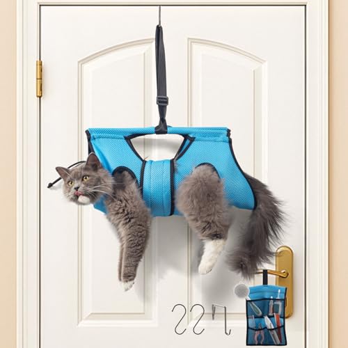 Pet Grooming Hammock for 5-11 lbs Pets, Door-Hook Hanging with Adjustable Height & Full Straps, Machine Washable with 1 Tool Bag Included Blue