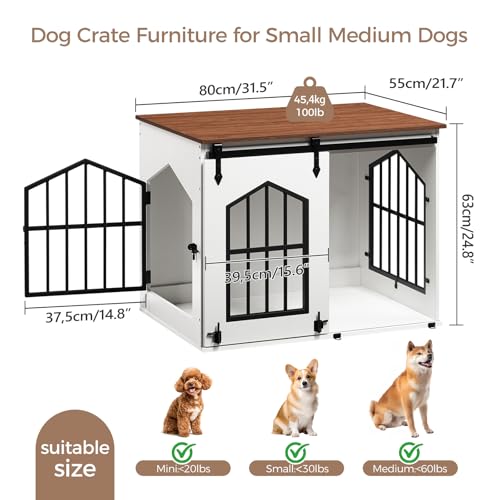 MAHANCRIS Dog Crate Furniture, 31.5" Farmhouse Dog Kennel with Sliding Barn Door, Wooden Dog Cage for Small Medium Dogs, Decorative Pet House Side End Table, Chew-Resistant, White and Walnut DCBA9601