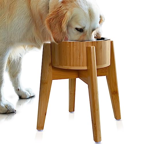 Elevated Dog Bowls for Large Breed - (15-Inch High) Raised Food/Water Bowl with Stand - Bamboo-Steel, Dry/Wet Food Suitable