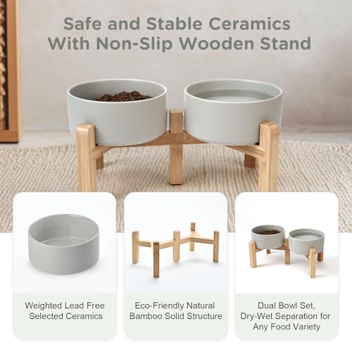 SPUNKYJUNKY Elevated Dog Bowls Ceramic, 6.1'' Dogs and Cat Food Water Bowls Raised with Non-Slip Bamboo Stand for Medium Sized Breed Microwave Dishwasher Safe - 28.7 OZ,Grey