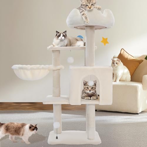 Cat Tree Tower with Metal Frame Hammock, 40'' Cat Trees for Indoor Cats Large Adult, Cat Towers with Scratching Post, Cats Condo Furniture with Cloud Top Perch, Cats Climbing Tower for Kittens(White)