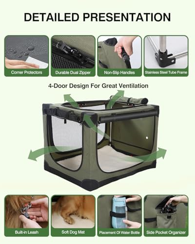 Veraste 33" L x 25" W x 25" H Collapsible Travel Dog Crate, Portable Soft Dog Kennel for Medium Large Dogs up to 60 lbs, 4-Door Foldable Travel Crate with Durable Mesh & Storage BagGreen