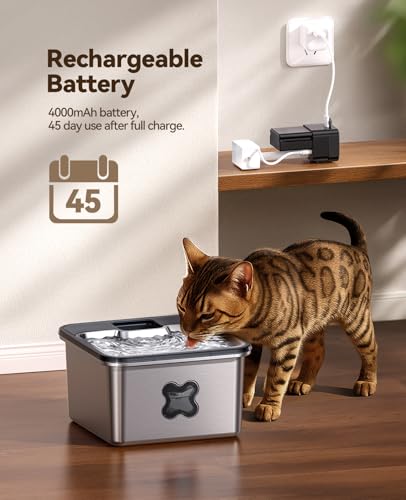 Cordless Cat Water Fountain : [Visual Filter] & [Heavy-Duty Stainless Steel] 3.2L/108oz, FEELNEEDY- Premium, Durable Design, 4000mAh Battery Operated Pet Fountain with Sensor, FN-W17 for Cats and Dogs