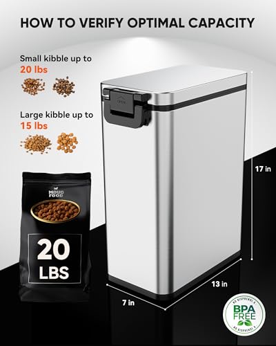 Courpal® Stainless Steel Dog Food Storage Container - 20 LB / 15 LB Dry Pet Food Container with Lids Airtight for Cat Dog Bird - 15L / 4 Gal Stackable Metal Large Sealed Animal Food Bin with Scoop