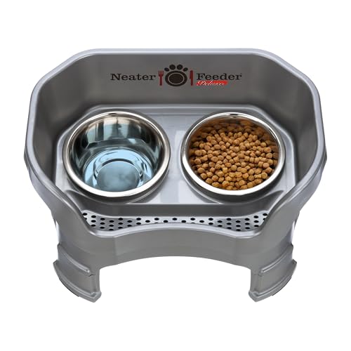 Neater Feeder Deluxe Mess-Proof Elevated Dog Bowls for Medium Dogs (19–40 lbs), 2 Height Adjustable (10” & 12.5”) No-Spill Raised Dog Bowl Stand, Stainless Steel Food Bowl Set, Made in USA, Gunmetal