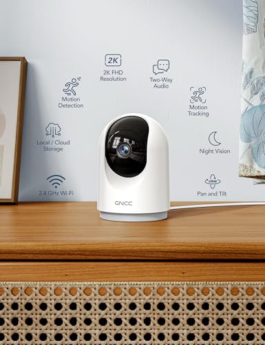 GNCC Indoor Security Camera, 2K Cameras for Home Security with Motion Detection, Baby/Pet Camera with Phone App, Night Vision, 2-Way Audio, TF/Cloud Storage, Works with Alexa & Google Home, 2.4G WiFi