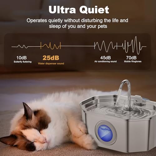 Cat Water Fountain Stainless Steel 108oz/3.2L, APAUK Automatic Pet Fountain Dog Water Dispenser with Water Level Window, Quiet Cat Fountain for Drinking, Inside with Replacement(1 Filter&1 Sponge)