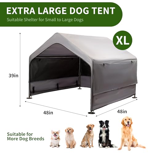 Summertrail Extra Large Dog House Outside, Dog Tent Outdoor, Big Dog Shade Shelter Doghouse Canopy with Three-Sided Breathable Mesh Windows, Gray Sun Rain Cover for Pet Cat Livestock 4'x 4'x 3.3'