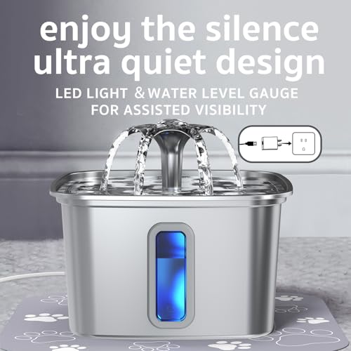 Veken Innovation Award Winner Stainless Steel Cat Water Fountain, 108oz/3.2L Automatic Pet Fountain Dog Water Dispenser with 3 Replacement Filters & Silicone Mat, Gifts for Cats, Dogs (Silver)