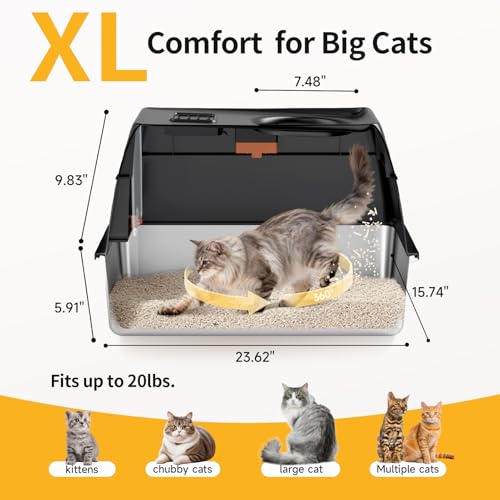 Tevila Extra Large Stainless Steel Litter Box with Lid, High Sided Enclosed Metal Cat Litter Pan, Dog Proof Front Entry Top Exit, Odor Control Easy Clean Leak Proof, Includes Scoop & Step, Black