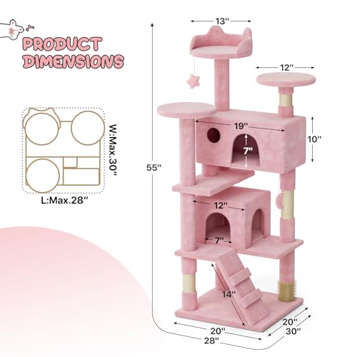 MoNiBloom 54 Inch Cat Tree Tower for Indoor Cats Large Adults, Pink Cat Tower with Scratching Post, Multi-Level Furniture Activity Center with Cat Condo Pet Play House, Soft Pink