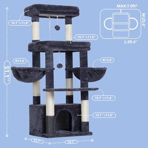 Hey-brother Cat Tree Tower, Scratching Posts with Extra Large Platform, Specious Condo, 2 Cozy Hammocks, Self-Grooming Brush for Indoor Adult Cats, Maine Coon 51.1 inches, Smoky Gray MPJ070G