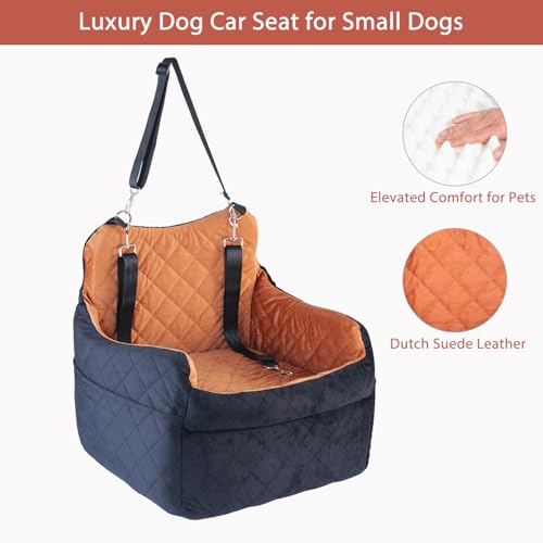 TOPOmerice Elevated Dog Car Seat for Small Dogs – Luxurious Dutch Suede Leather Pet Booster with Adjustable Safety Leash, Non-Slip Base, Washable Cover, Cozy Travel Bed for Pets up to 30 lbs