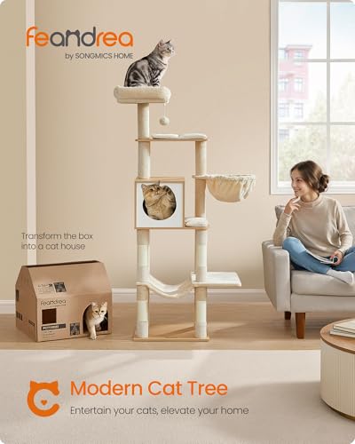 Feandrea Cat Tree, 65-Inch Tall Cat Tower, Multi-Level Condo with Cave, Basket, Hammock, Pompom, Scratching Posts, Almond Yellow UPCT118Y01