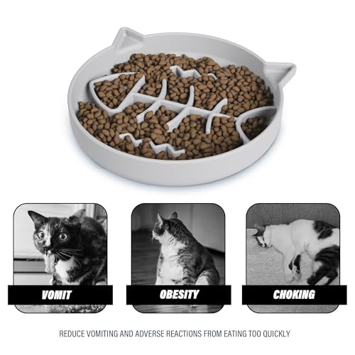 Slowpaw Silicone Cat Slow Feeder Bowl with Suction Cups - Interactive Puzzle Toy to Reduce Overeating in Kitty(Gray, 1 Cup)
