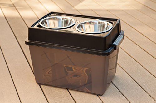 IRIS USA Dog Bowls Elevated with Storage, 15" H Raised Feeding Station, Dog Bowl Stand with Airtight Food Storage Holds 47 lbs, 2 Removable 64 oz Stainless Steel Bowls for Large Dogs, Smoke/Black