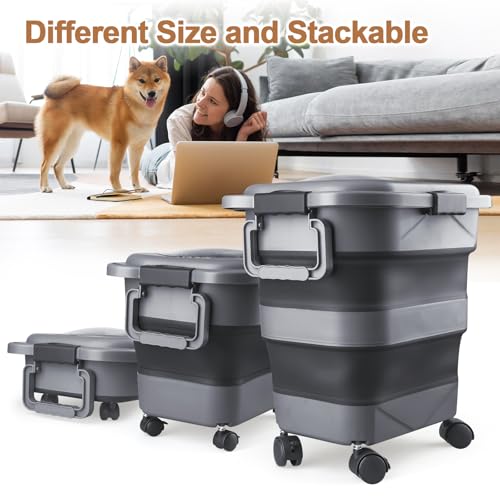 Dog Food Storage Container，10-25 lbs Airtight Collapsible Cat Food Storage Container with Attachable Wheels, Portable Handle, Dog Food Scoop for Dog Cat Bird Pet Dry Food Storage Bin Dark Grey
