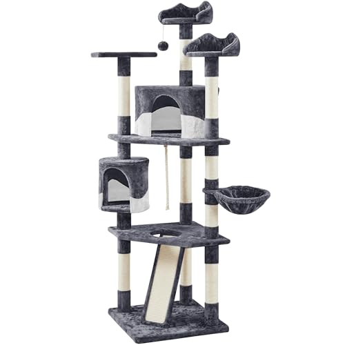 Yaheetech 79in Multi-Level Cat Trees Indoor Cat Tower with Sisal-Covered Scratching Posts, Plush Perches and Condo for Kittens, Cats and Pets - Dark Gray and White