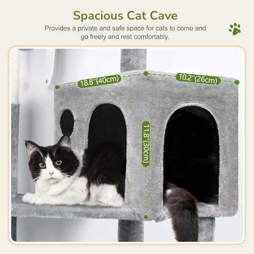 Globlazer Cat Tree Tower with Scratching Post for Indoor Cats, 53inch Tall Plush Multi-Level Cat Climbing Tower Condo House with Large Hammock, Spacious Cat Cave, Padded Top Perch Bed, F53, Light Gray