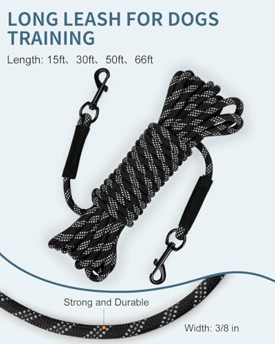 Taglory Long Dog Leash with Removable Padded Handle Tie Out, 15/30/50/66FT Heavy Duty Training Leash with 2 Swivel Hooks for Large Medium Small Dogs Camping, Hiking, Walking, Backyard, Black, 30FT
