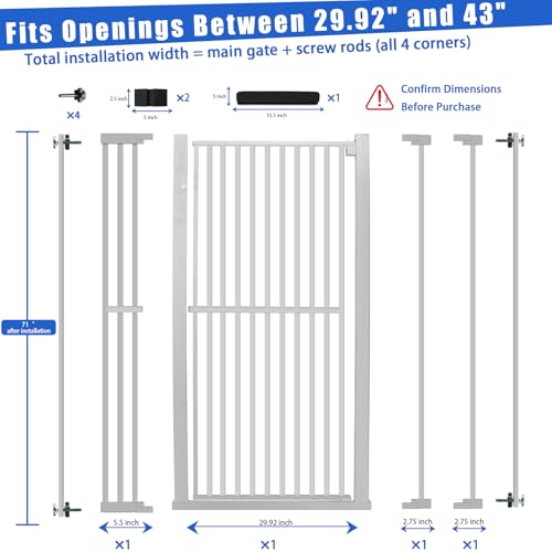 SHYUJAJIE 71 Inch Extra Tall Pet Gate for Cats, 29.5-43" Adjustable Wide Dog Gates, Pressure Mounted Walk Through Tall Cat Gate for Doorways,Hallway,Stairs,House（White）