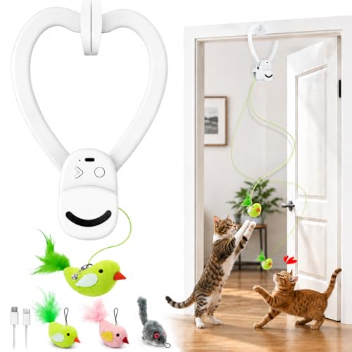 Interactive Cat Toys for Indoor Cats: Automatic Flying Bird Feather Wand Chase Exercise Enrichment Stimulation, USB Rechargeable Durable Safe Hanging Toy for Bored Kittens Adult Multi Cat Households