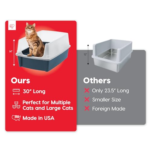 IRIS USA Cat Litter Box XX-Large Open Top with High Sided Walls Tall Scatter Shield Scoop Included Easy Clean Plastic Pan for Big Cats Kittens Multi-Cat Households 30"L x 20"W x 14"H Navy