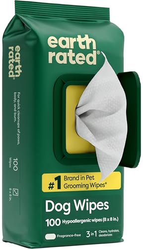 Earth Rated Pet Wipes for Dogs and Cats, Hypoallergenic, 3-in-1 Cleaning, Deodorizing and Hydrating, for Grooming Paws, Body and Butt, Unscented, 100 Count