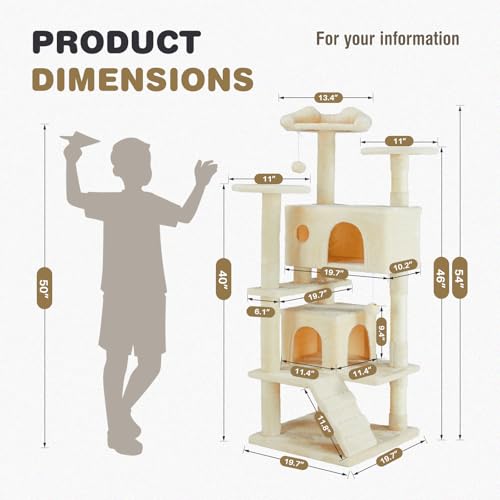 Aidoly Cat Tree 54 Inch, Multi-Level Cat Tower with Condo, Perches, Sisal Scratching Posts and Climbing Ladder, Pet Play Toy Balls House for Indoor Cats