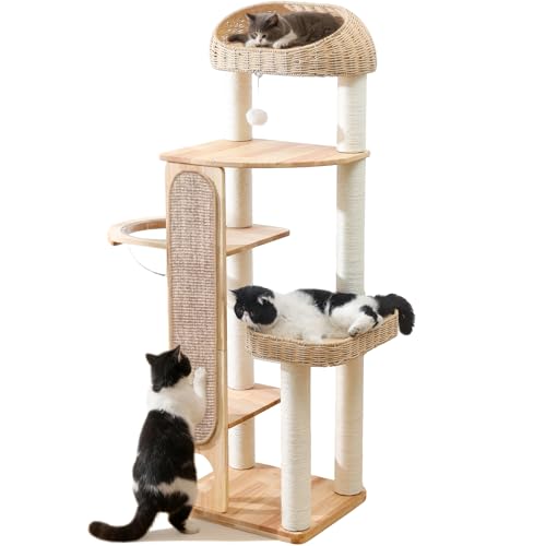 59-inch Cat Tree，Cat Tower with Scratching Post,Extra Long Sisal Blanket, Handwoven Basket & Space Capsule Nest