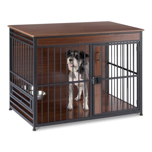 Amazon Basics Furniture Style Dog Crate, Two Bowls Included, 41" x 23.6" x 29.5", Walnut