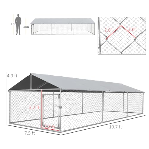 PawHut Outdoor Dog Kennel, Heavy Duty Dog Run Outdoor Fence with Waterproof Cover, Galvanized Chain Link, Secure Lock, for Large Sized Breeds, Chickens, Ducks, 20' x 7.5' x 5'