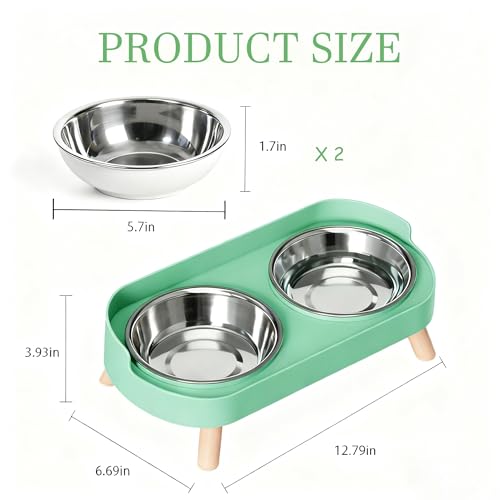 Elevated Cat Bowls, 2 Stainless Steel Raised Cat Food and Water Bowl Set, Splash Proof & Non-Slip, Whisker Fatigue Friendly, Dishwasher Safe for Cats and Small Dogs - Green