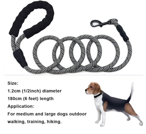 MayPaw Heavy Duty Rope Dog Leash, 3/4/6/7/8/10/12/15/20/30 FT Nylon Pet Leash, Soft Padded Handle Thick Lead Leashes for Large Medium Dogs (Black, 1/2" * 6')