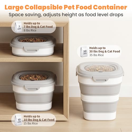 NURYO 30 Lbs Dog Food Storage Container with Wheels, Collapsible Pet Food Storage Container with Clear Window, Measuring Cup & Scoop, BPA Free Cat Food Container for Rice, Flour, Grain, Bird Seed