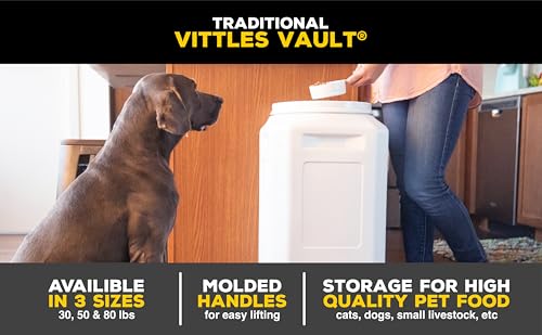 Vittles Vault Traditional Pet Food Storage Container For Dog Kibbles/Bird Seed/Oatmeal/Rice/Flour/Cereal, BPA Free Plastic, Sealed Airtight For Cat Food, Up To 50 lb, Made in USA, With Scoop, Gray