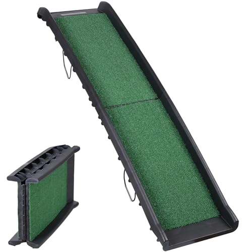 Folding Dog Ramp for Car Truck SUV 61 Inches Portable Pet Ramp with Grass Padded for Large Dogs Non Slip with Raised Siderails