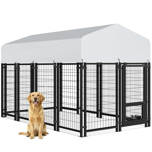 Oranland 7.8x4x5FT Outdoor Dog Kennel for Small/Medium Dogs, Welded Wire Outside Dog Pen, Anti-Rust Dog Run with Secure Lock, UV-Resistant Waterproof Roof & Swivel Stainless Steel Feeding Bowls